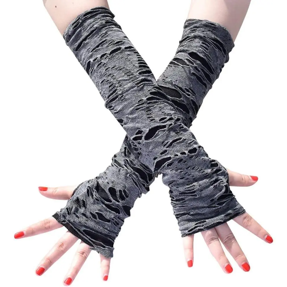 Punk Goth Fingerless Gloves Novelty Arm Warmers Ripped Gloves for Halloween Costume Cosplay Party
