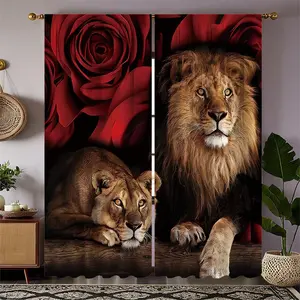 2-Piece Lion Couple Pattern Curtains, Light Filtering, Living Room Bedroom Kitchen Decor, Privacy Protection, Semi-Transparent Rod Pocket Design