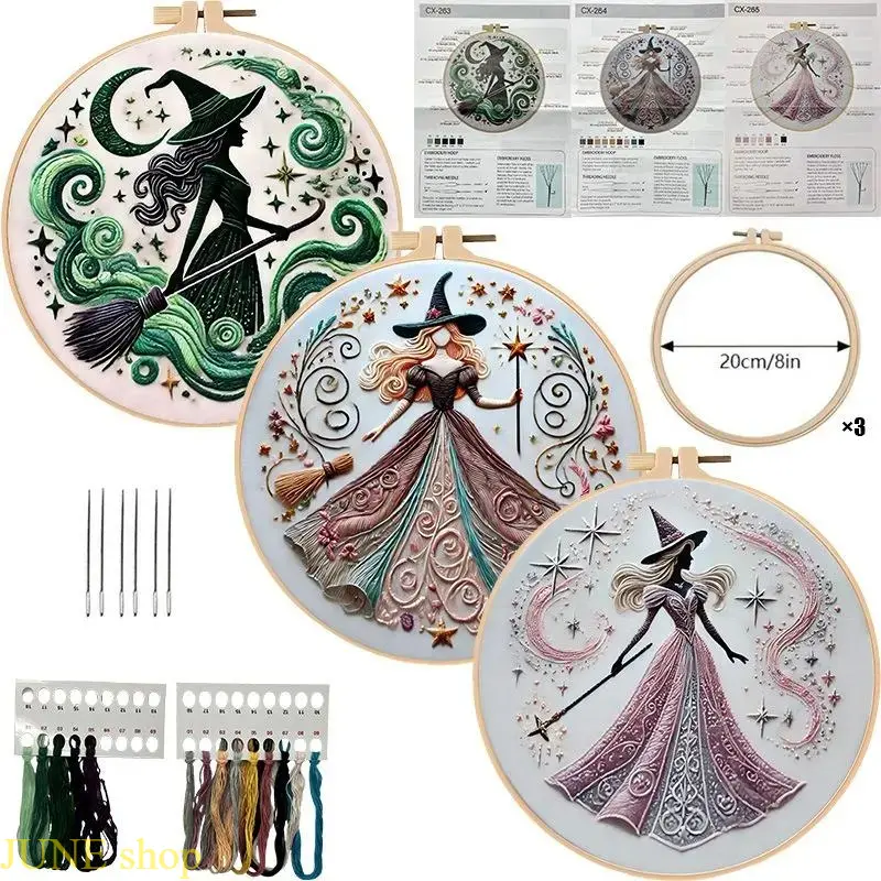 Magical Witch Themed Embroidery Kit For Beginner DIY Hand Sewing Projects, Complete Needlework Set With Detailed English Instruction Guide For Halloween Craft Creation And Spooky Style Home Interior Decoration