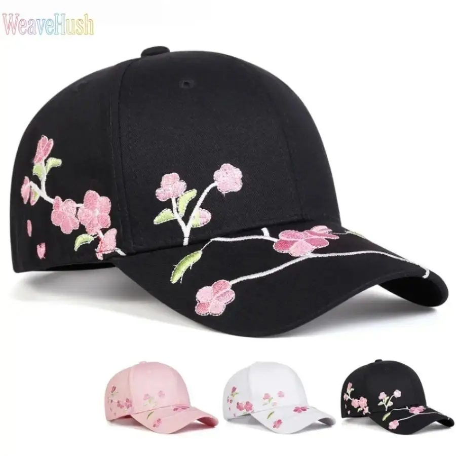 Women's Korean Style Embroidered Baseball Cap, Peach Blossom Adjustable Lightweight Breathable Hat for Casual Streetwear