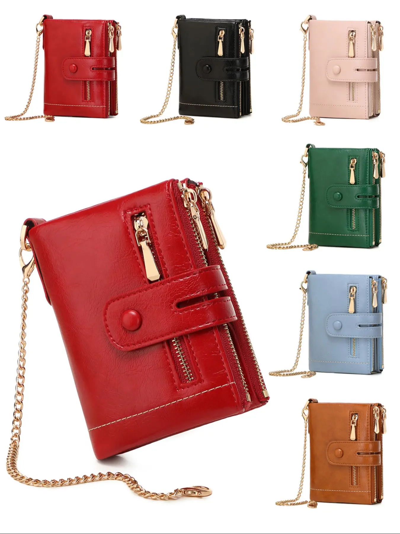 Solid Color Bifold Wallet with Chain Wristlet, Fashionable Anti-Theft Protection PU Leather Coin Purse, Casual Trendy Versatile High-quality Daily Wallet for Men & Women, Zipper Purse