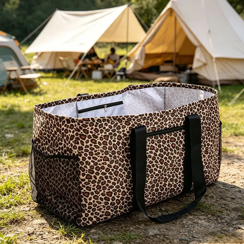 1pc Leopard Print Travel Clothes Storage Bag Waterproof Gym Bag Travel Duffle Bags, Outdoor Travel Bag for Women Large Capacity Camping Tote Bag Handheld Shopping Shoulder Bag Multi-Pocket Organizer Pouches Foldable Laundry Basket