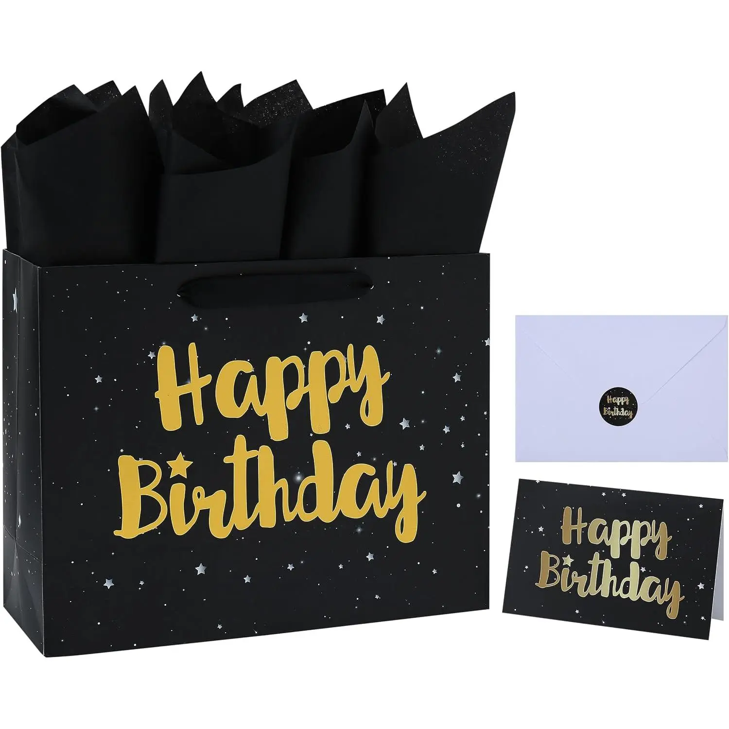 13" Large Black  Bag Set with Greeting Card and Tissue Papers (Stars and  Foil ‘Happy Birthday’) for Men's or Women's Party, Boys', Girls' or ' Birthday Parties,  Boy or Girl, 13”x5.2”x10.2”, 1 count.