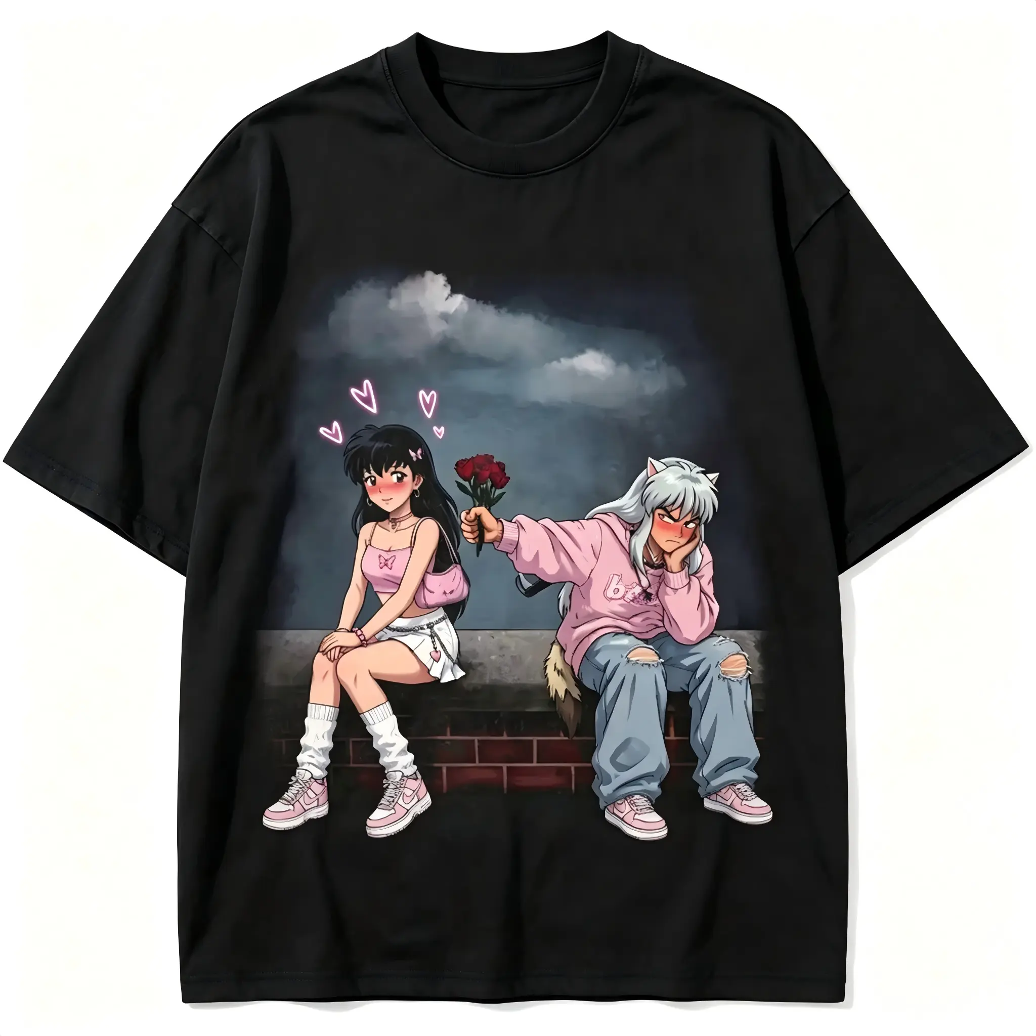 Anime Couple Shirt, Inuyasha Kagome Inspired Tee, Cute Tsundere Love Shirt, Pink Aesthetic Anime T-Shirt, Romantic Anime Couple Gift Womenswear Cotton Top Wetsuit Crewneck Crewneck Round Neck Streetwear Tshirt Wetsuit