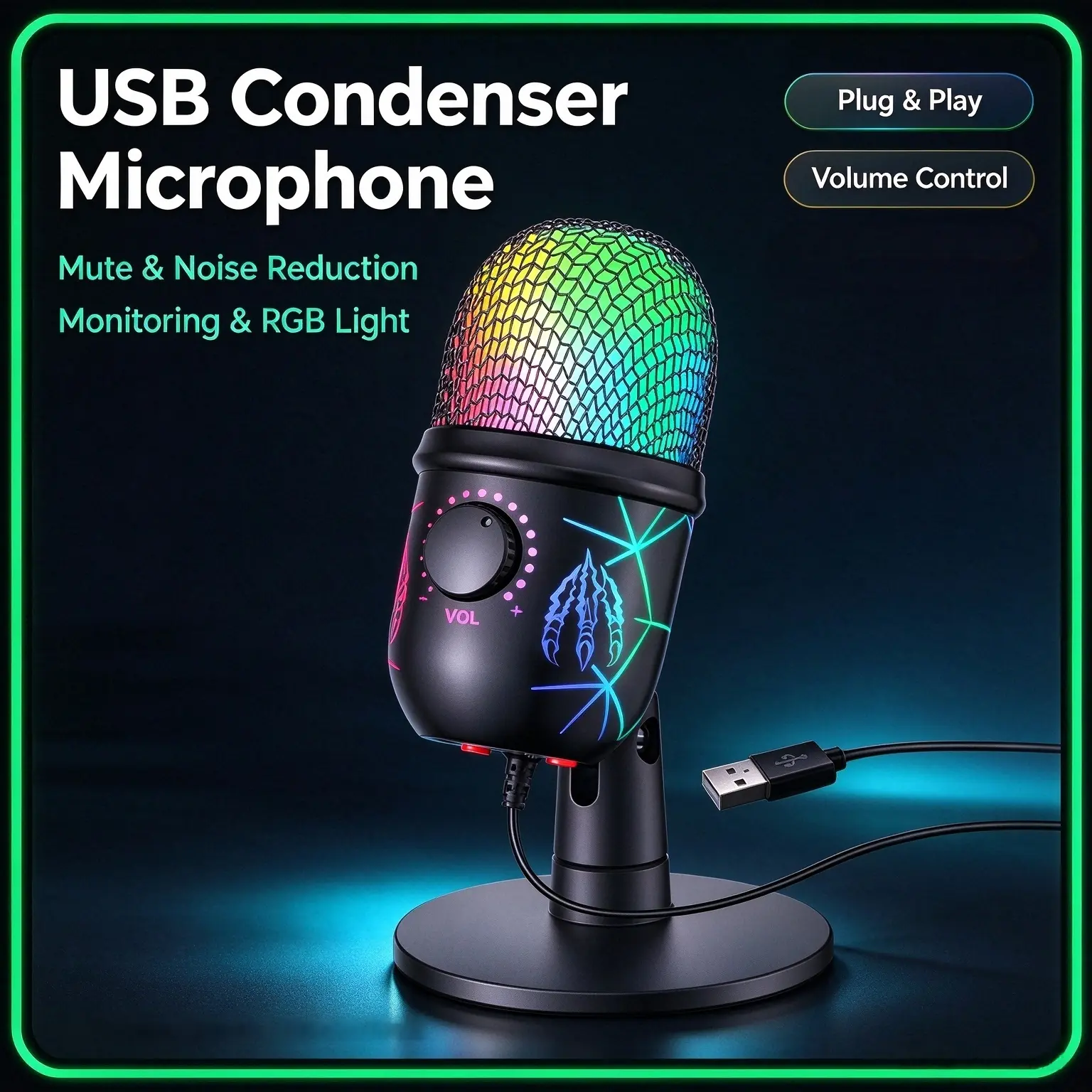1pcs USB Condenser Microphone with RGB Light, Heartbeat Directional Game Mic, Plug-And-Play, Noise Reduction, Live Streaming and Podcast Recording