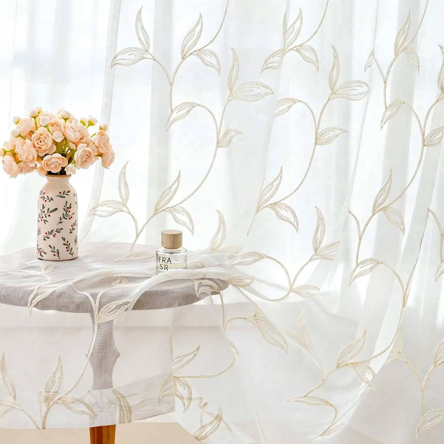 Boho Leaf Vines Embroidered Fading Resistant Beige Semi Sheer Voile Curtains, 54Wx84L Light Filtering Modern Rod Drapes for Bedroom/Living, 2 Panels