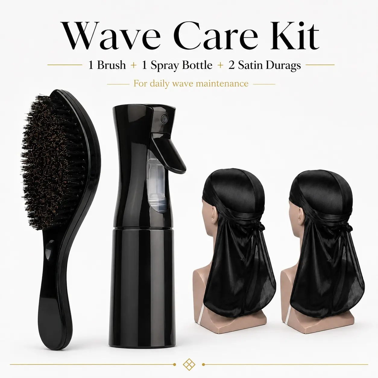 360 Wave Brush Kit for Men with Spray Bottle & 2 Satin Durags, Medium Bristle Wave Brush Set for 360 540 720 Waves Hair Care Grooming, Wave Cap Accessories for Black Men