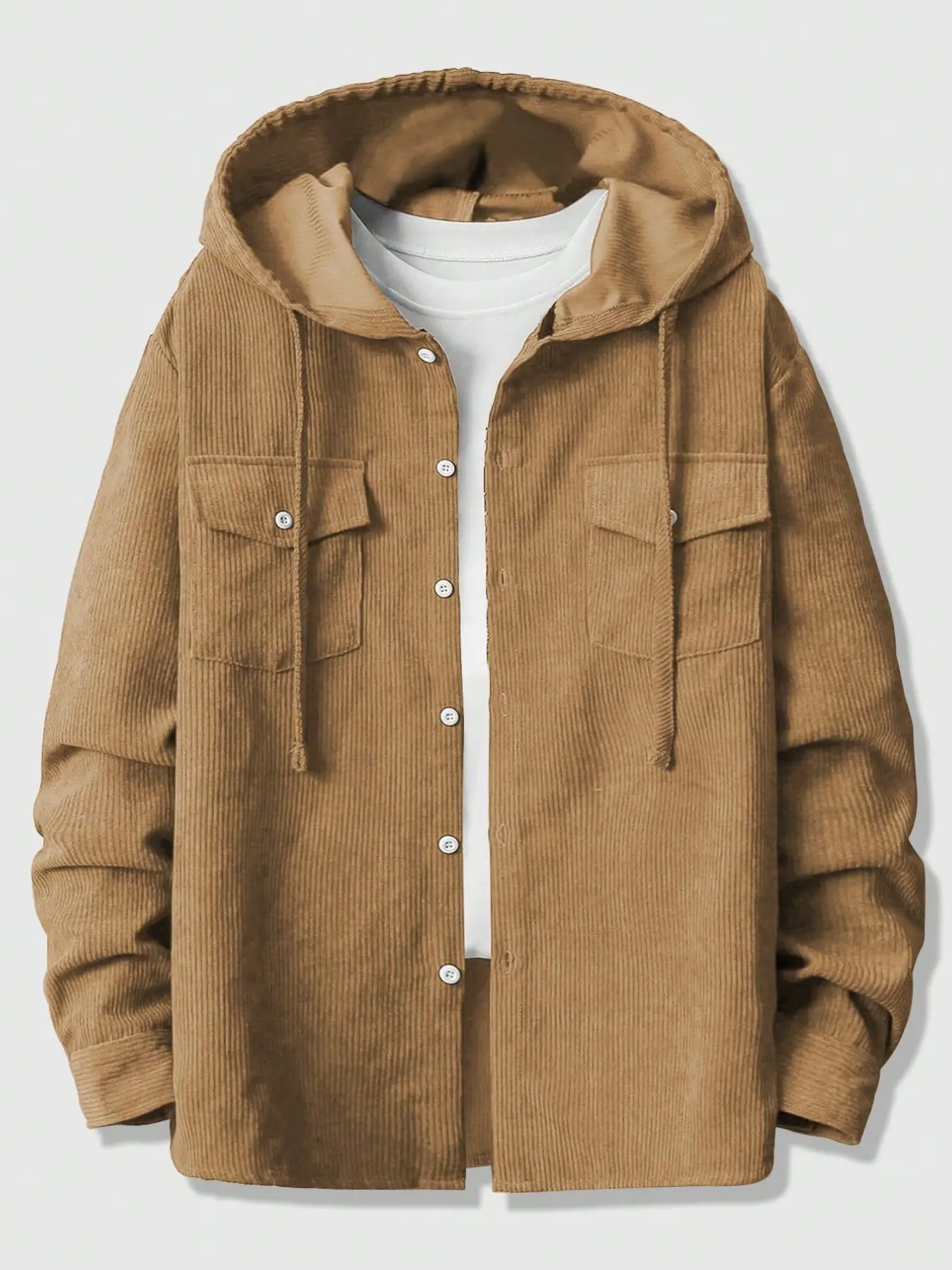 Men's Black Oversized Hooded Corduroy Shacket | Drawstring Hood Button Down Long Sleeve Cargo Shirt Jacket | Vintage Casual Outerwear with 2 Chest Flap Pockets