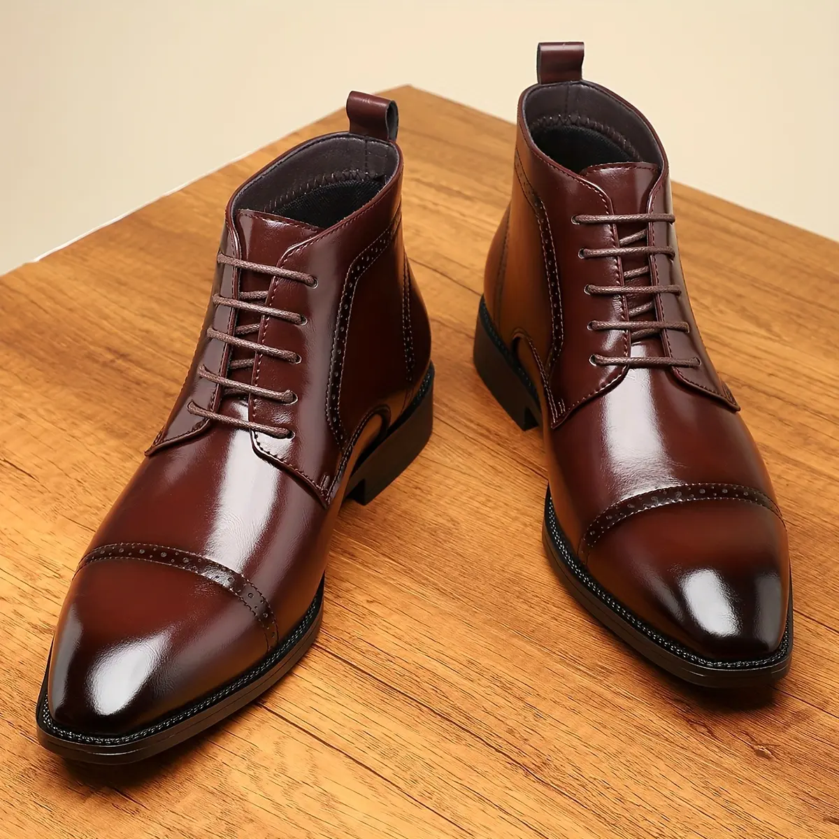Men's PU Leather Lace-Up Cap Toe Oxford Ankle Boots - Stable, Durable Vintage Preppy Male Shoes for Everyday Comfort, Business Wear