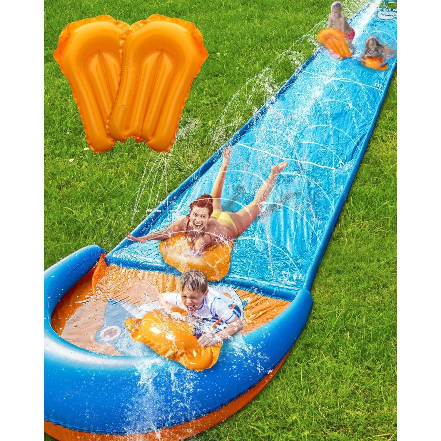 Slip and Water Slide, 32FT Lawn Slip n WaterSlide for Kids Adults, Backyard Summer Outdoor Water Toys with Sprinkler, 2 Inflatable Bodyboards