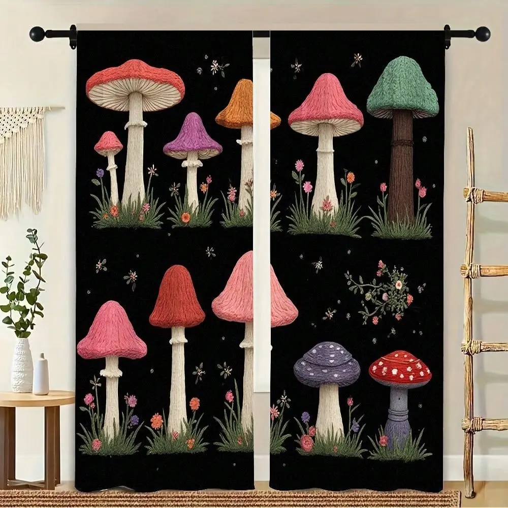 2-Pack Dreamy Mushroom Print Curtains, Semi-Transparent Polyester, Privacy & Sun Protection, Living Room, Bedroom, Kitchen Decor