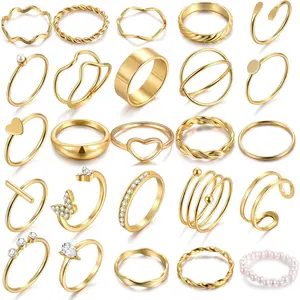 25 Pcs Gold Rings Set for Women, Thin Stackable Knuckle Finger Midi Rings, Simple Stacking Cute Ring Pack Trendy Stuff Jewelry Gift