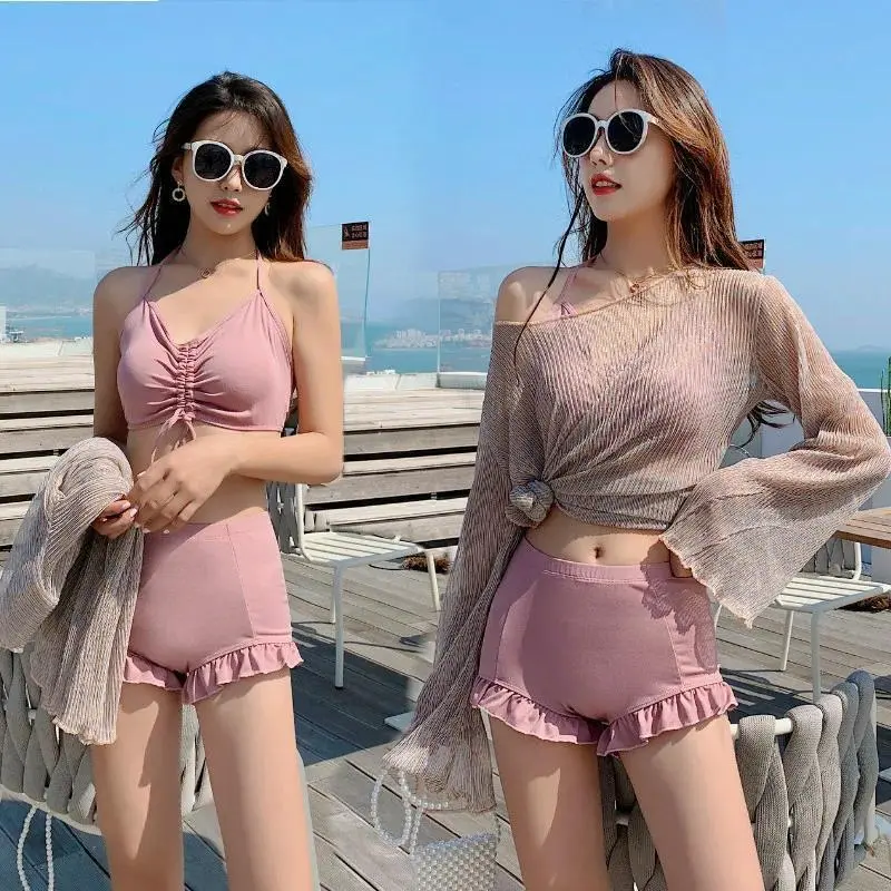 New Korean Women Swimwear Sexy Drawstring Strappy Bikini Swimwear Two Piece Swimsuit Solid Gauze Bikini Push Up Biquini