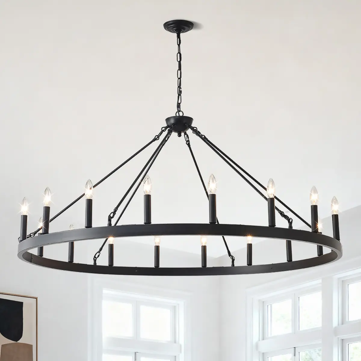 53.15 Inch Matte Black Wagon Wheel Chandelier With 18 light (No Bulbs) -E12