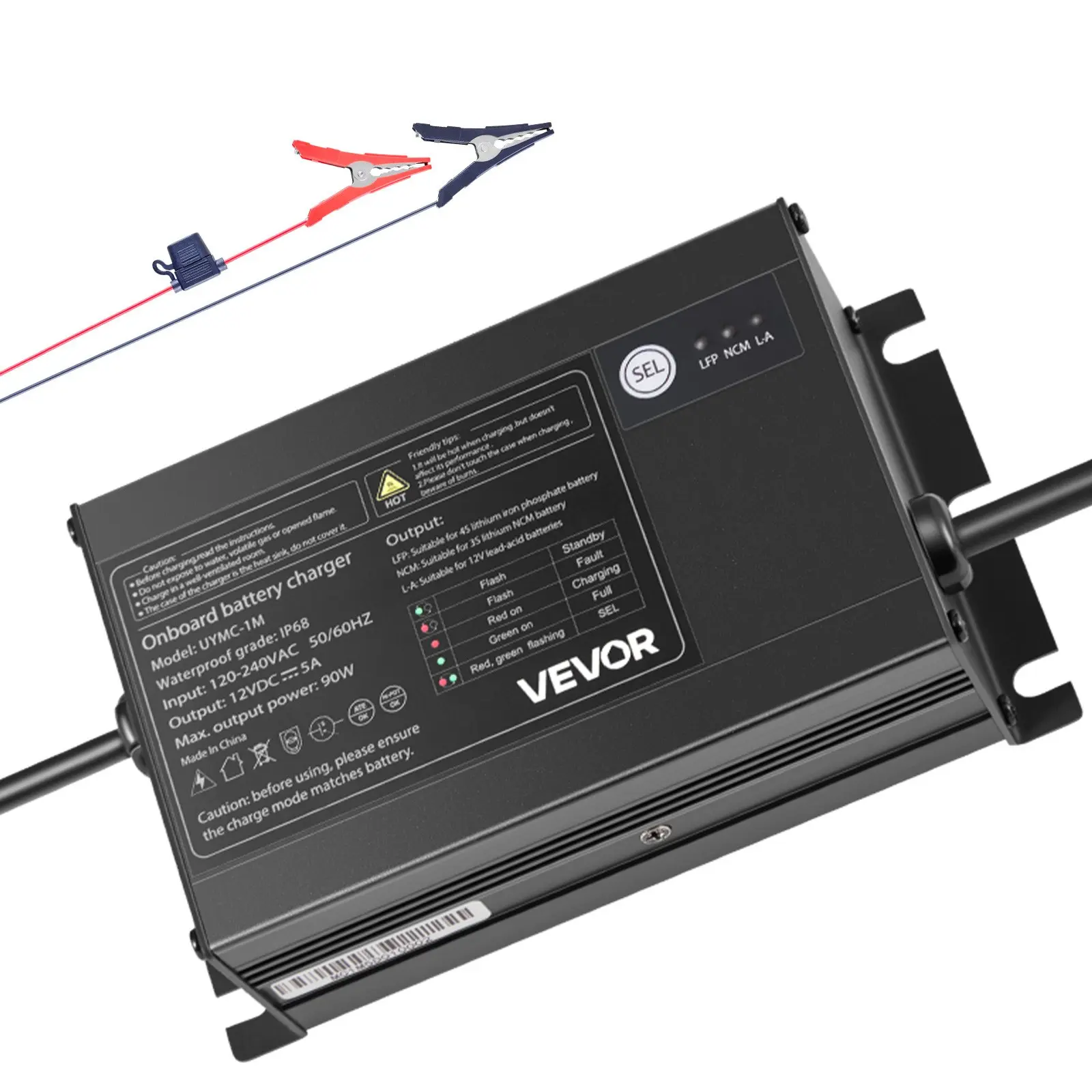 VEVOR Marine Battery Charger, 1-Bank, 5A 12V Onboard Boat Charger, IP68 Waterproof Smart On-Board Battery Charger, for Lithium-Ion (LiFePO4), NCM, Lead-Acid Batteries, Large Boat, Yacht, RV, Trailer