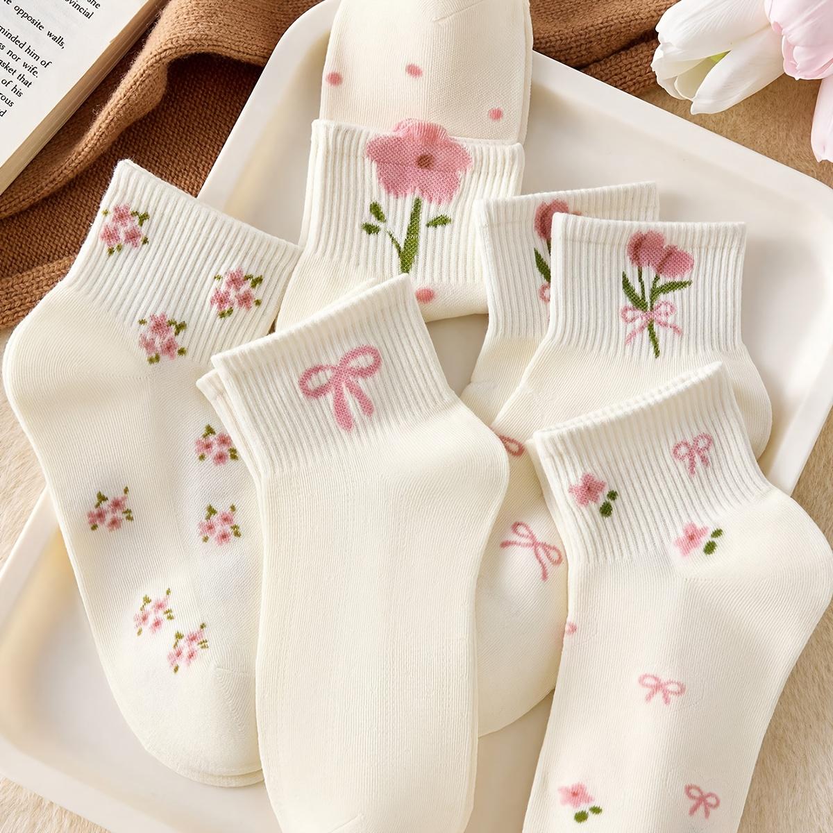 Girls' Floral Mid-Calf Socks, 5 Pairs - Solid-Color Casual Daily Wear Socks