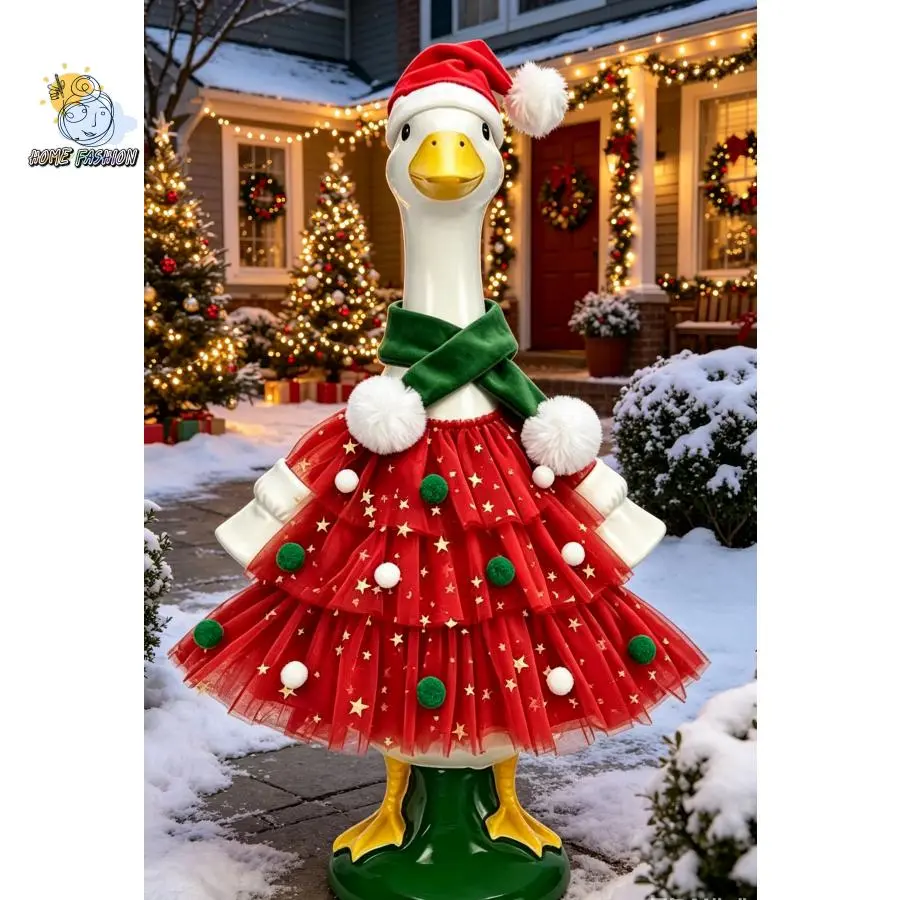 Christmas‑Style Lawn Goose Statue Costume, Red And Green Christmas Tree Tulle Skirt Set With Santa Hat & Pom‑Pom Scarf, Star Pom‑Pom Ornament, Fits 23 Inch Porch Goose