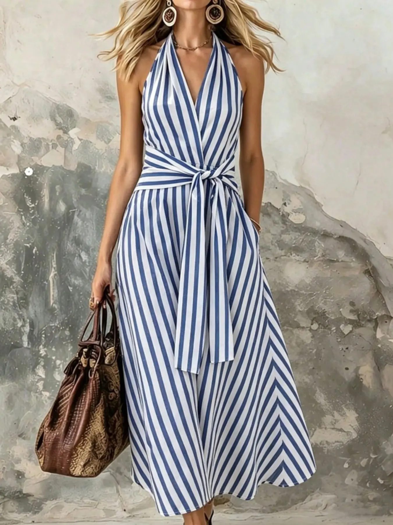 French Blue Striped V Neck Waist Cinch Flowy Dress, Elegant Garden Party Holiday Summer Strapless Dress, Women's Vacation Cruise Nautical Style Dress, V Neck Dresses