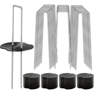 100 count Garden Stakes Landscape  Set, 6 Inch 11 Gauge Heavy Duty Galvanized 50 U-Shaped Pins with 50 Gaskets for Weed Barrier Fabric, Grass Sod, Artificial Turf & Yard Landscaping