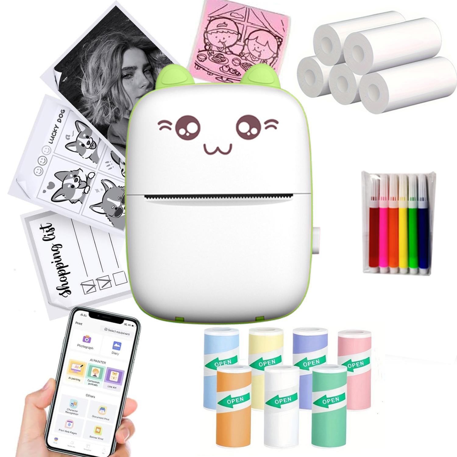 USB Charging Mini Printer, 1 Set Wireless Mini Printer with 12 Rolls Print Paper & Marker Pen & Sticker, Portable Thermal Printer for Home Office, Portable Label Printer, Inkless Label Printer