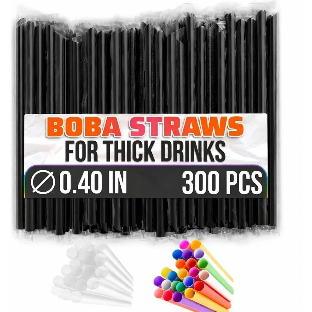300 count Black Wide Smoothie Straws, Individually Wrapped, 0.40 In Diameter | Boba Straws for Cold & Hot Drinks; Disposable; Smooth Edges; for Milkshakes, Bubble  and Slushies; Quick & Easy Serving