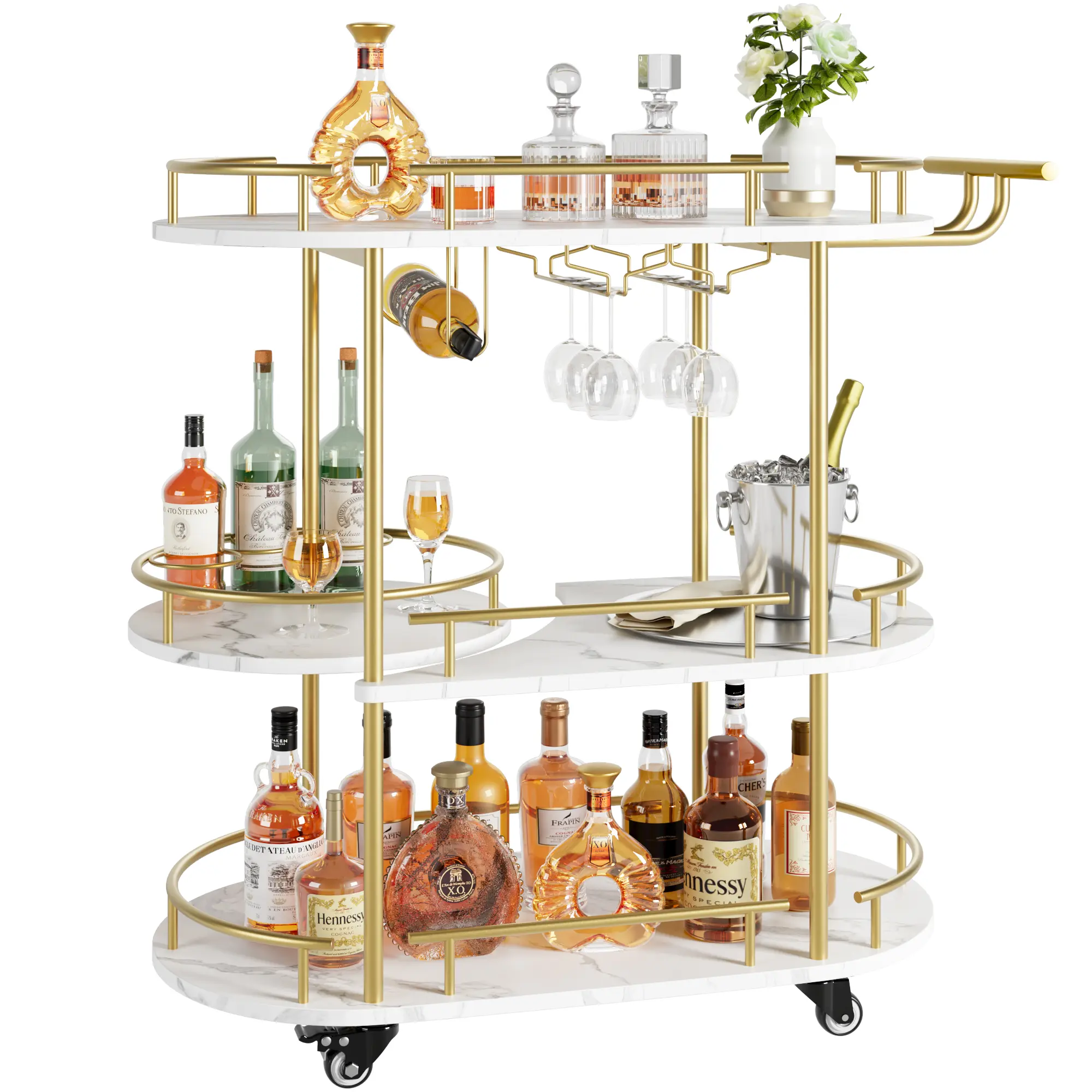 Garvee Gold 4-Tier Rolling Bar Cart with Wine Rack, Glass Holder & Shelves – Mobile Serving Trolley for Kitchen, Dining, Living Room – 360° Rotating Turntable