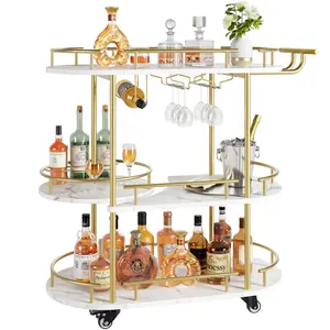 Garvee Gold 4-Tier Rolling Bar Cart with Wine Rack, Glass Holder & Shelves – Mobile Serving Trolley for Kitchen, Dining, Living Room – 360° Rotating Turntable