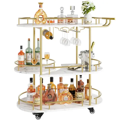 Garvee Gold 4-Tier Rolling Bar Cart with Wine Rack, Glass Holder & Shelves – Mobile Serving Trolley for Kitchen, Dining, Living Room – 360° Rotating Turntable