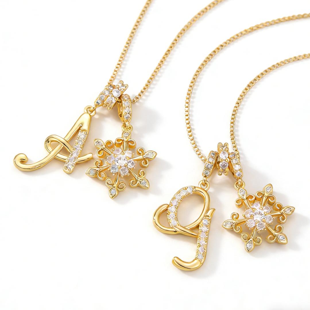 FAITHOPIA Personalized Initial Letter Necklace for Women, Gold Plated CZ Alphabet Pendant with Snowflake Charm, Dainty Jewelry Gift