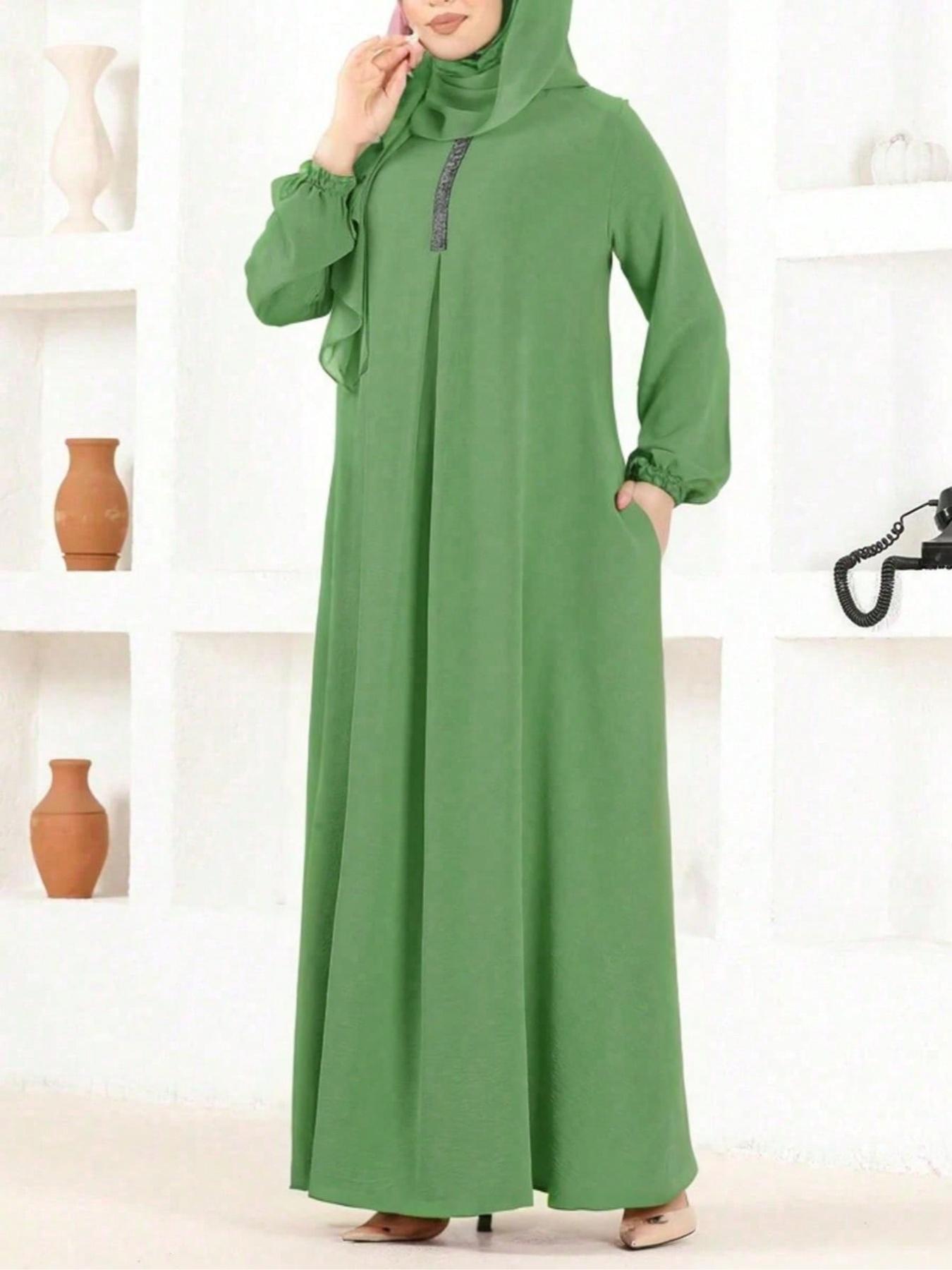 Women's Plain Round Neck Long Sleeve Dress, Casual Solid Color Crew Neck Long Dress for Daily Wear, Ladies Clothes for All Seasons