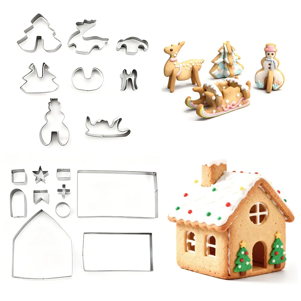 18pcs Gingerbread House Cookie Cutter Set, Gift Box Packaging, 3D Stainless Steel Christmas House Fondant Cutting Tools, Christmas House, Christmas Tree, Snowman, Reindeer, Sleigh Shapes