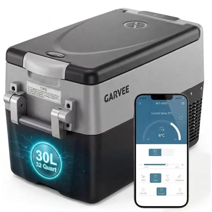 GARVEE 32QT Dual Zone Portable Car Refrigerator & Freezer, Compressor Electric Cooler with App Control, Fast Cooling to -4°F, 12V/24V DC & AC Power, Removable Metal Storage Basket