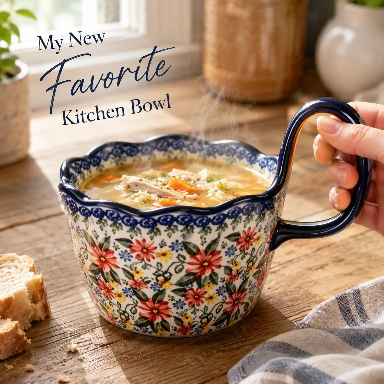 Hand Painted Floral Bowl with Handle, Vintage Ceramic Soup Bowl Microwave & Dishwasher Safe, Large Cozy Bowl for Soup, Stew, Ramen, Oatmeal, Ice Cream, Cute Kitchen Dinnerware Gift for Women, Moms & Food Lovers