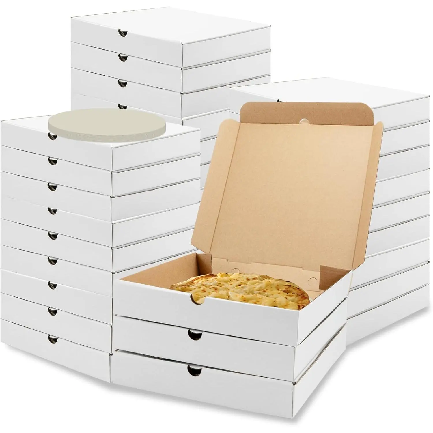 40 Pack Pizza Boxes with Paper Liner, Brown Cardboard Mini Pizza Box Corrugated Take out  Containers for Party, Cookies, Cake, Wedding, Restaurant, 10 x 10 x 1.5 Inch (White)