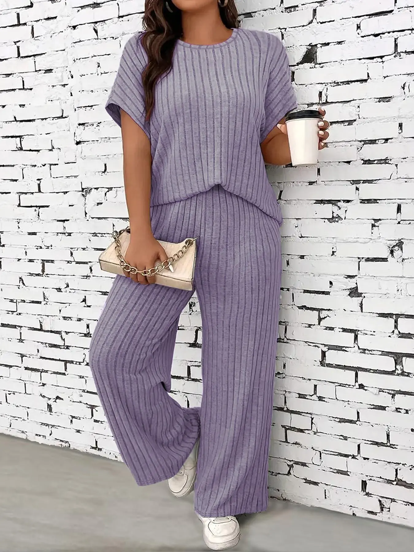 【Plus Size】 Solid Color Batwing Sleeve Tee & Pants Pajama, Casual Comfy Round Neck Short Sleeve T-Shirt & Trousers PJ Set Women's Sleepwear Pajamas Loungewear Lounge Set for All Seasons
