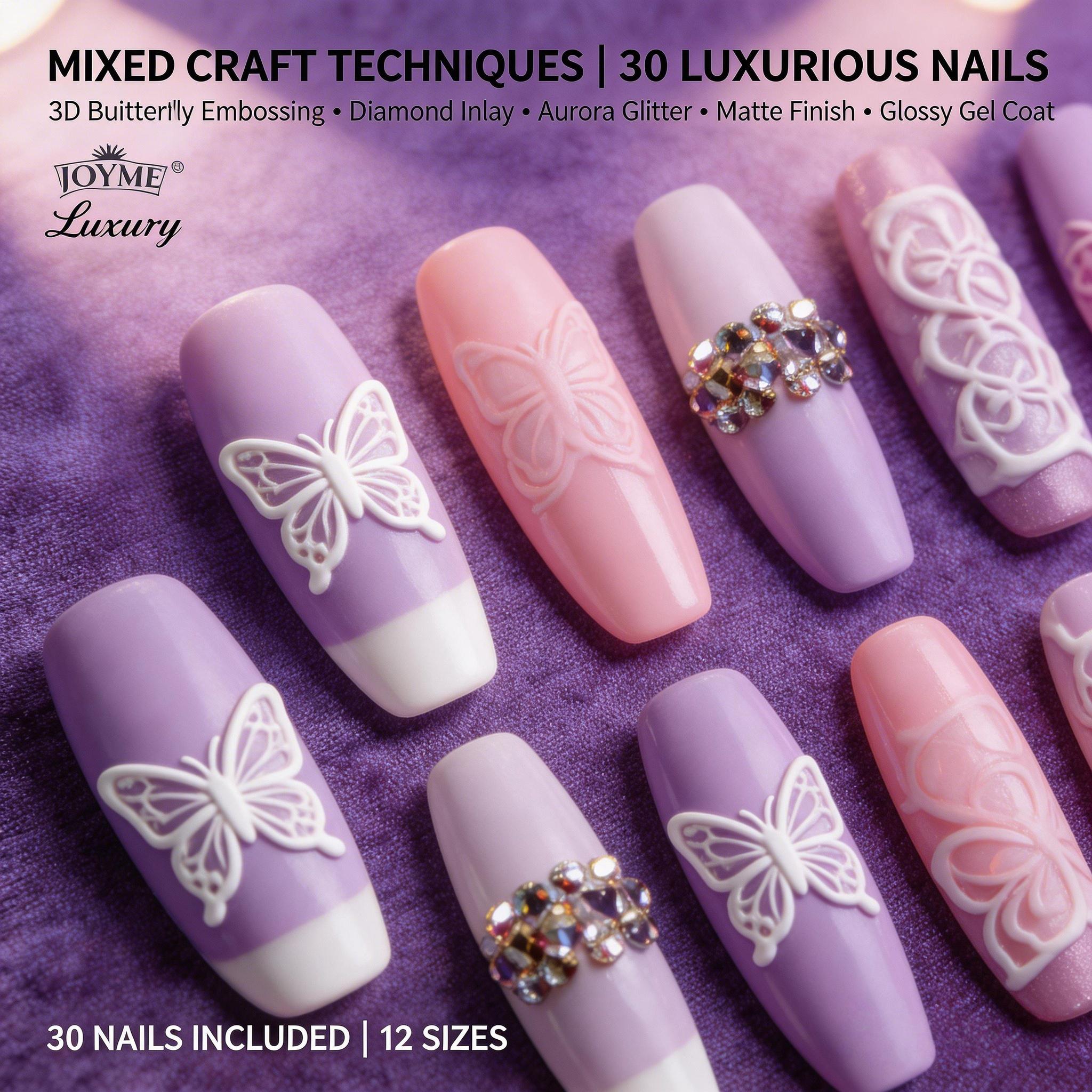 30Pcs Luxury 3D Embossed Long Coffin Press On Nails, Large Rhinestone Inlay Reusable False Nails with Glue & Full Tool Kit for Women