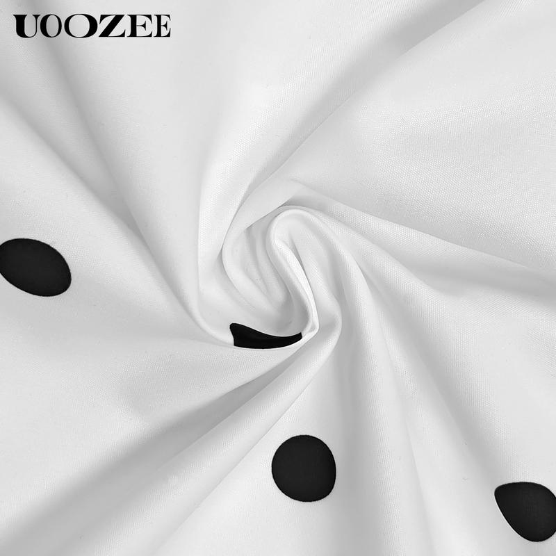 UOOZEE Women's Autumn Fashion Polka-Dot Lapel Blouses, Flared Sleeves Falbala Polka-Dot Lapel Collar Shirts Tops, Elegant White Chic Button Front Ruffle Collared