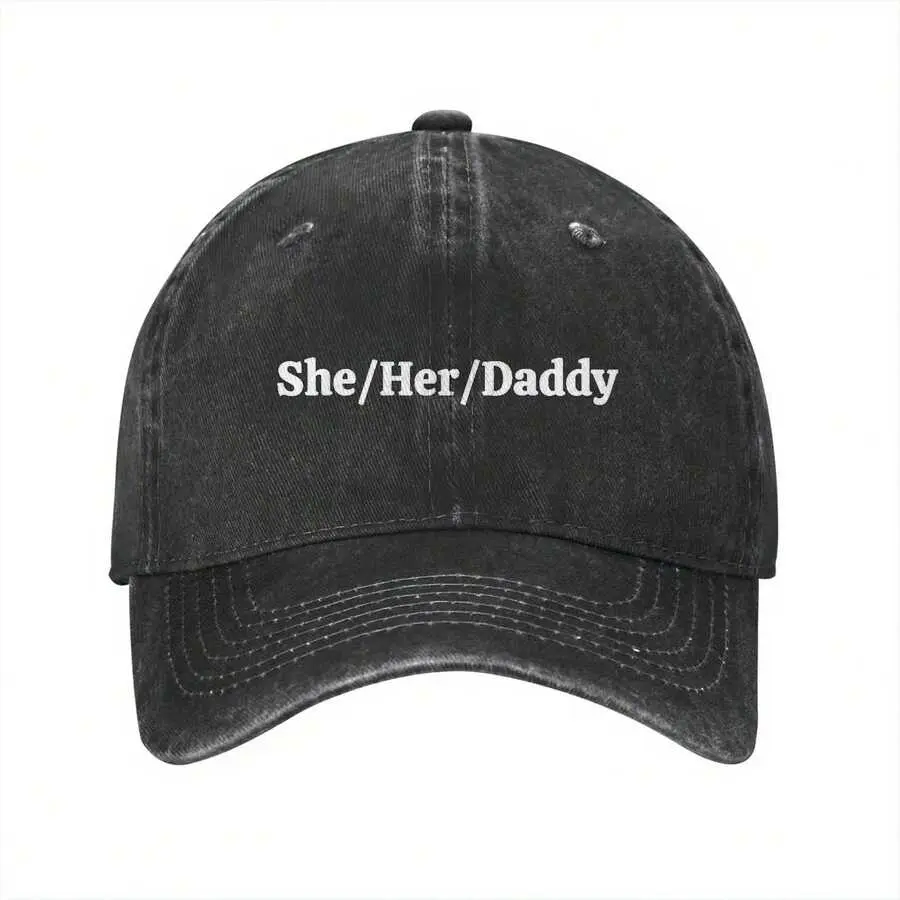 Women's Vintage Cotton Dad Style Brimmed Cap - Adjustable Stretch-Fit, Funny 'She Her Daddy' Lesbian Pride Humorous Bold Statement Slogan, Lightweight Trucker Graphic Hat, Machine Wash Casual Humorous Slogan Streetwear Accessory, Dad Vibes Hat, Graphic Ha