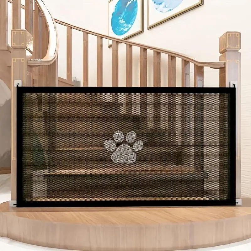 🐾 Cute Paw Print Design｜Indoor Home Black Mesh Dog Gate For Doorways｜1 Pc Portable Pet Fence