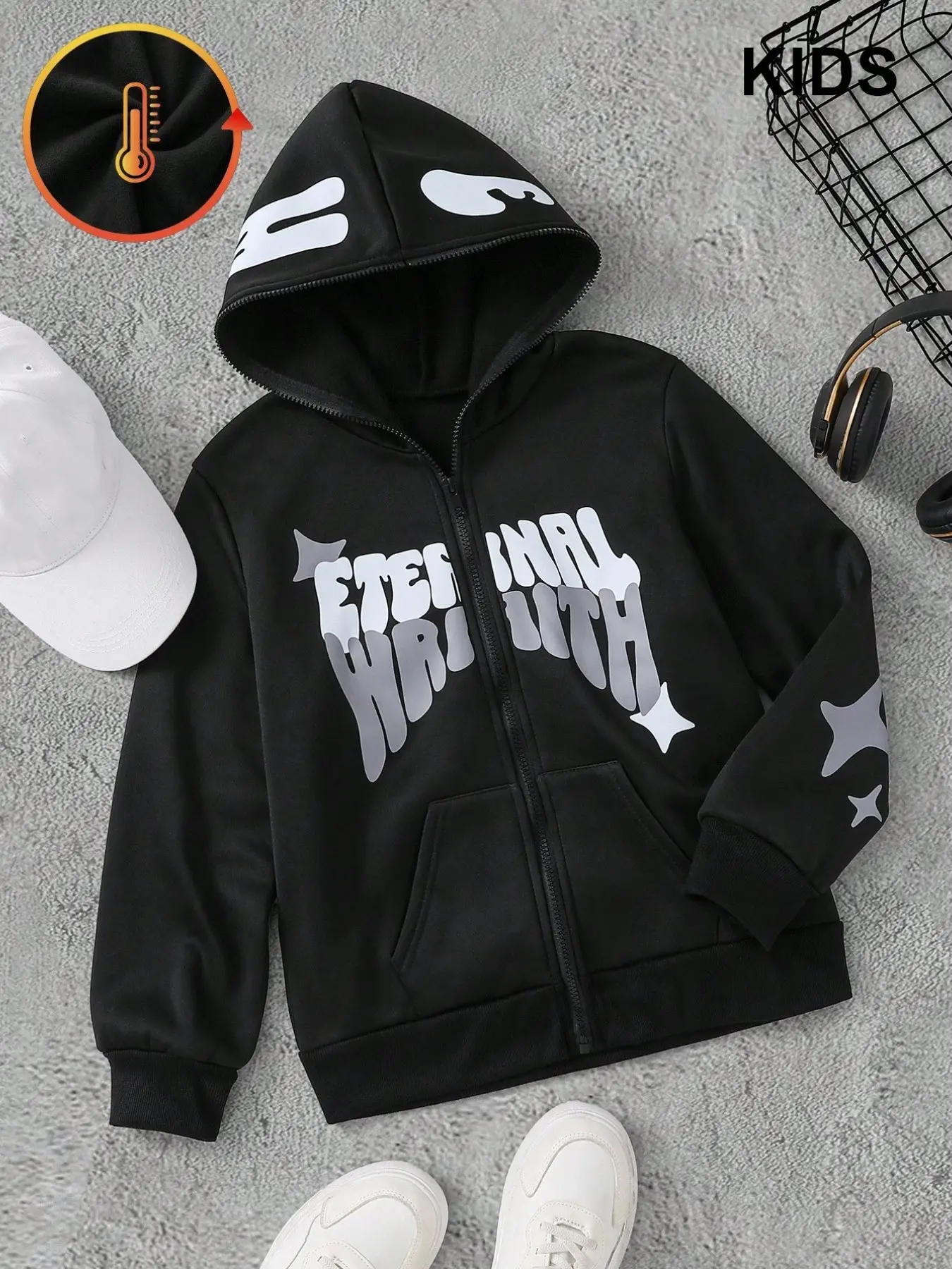 Zip Front Graphic Hooded Outerwear With Star Bubble Letter Pattern Decor, Smooth Full Zipper Deep Kangaroo Pocket Stretchy Rib Cuffs Soft Heat Preserving Interior Casual Hooded Top, Various Shades For Mall Shopping Sports Training Short Travel Trending Re