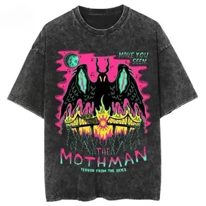 Unisex Mothman Printed Retro Washed Ribbed Round Neck Short-Sleeve T-Shirt - Menswear Apparel, Halloween Graphic Tee, Seamless, Full Color, Full Size, Oversized