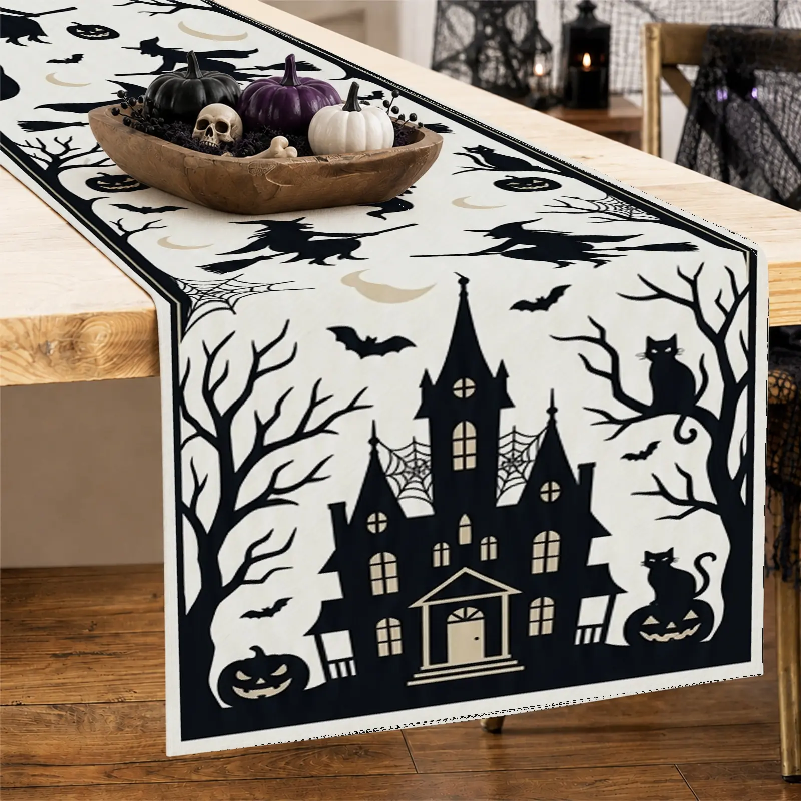 1pc Ghost Pumpkin Witch Table Runner, Gothic Halloween Style, Black and White Halloween Graphic Print, for Dining Table Halloween Party Home Decor Seasonal Table Decor, Fall Decor, Home Event Supplies
