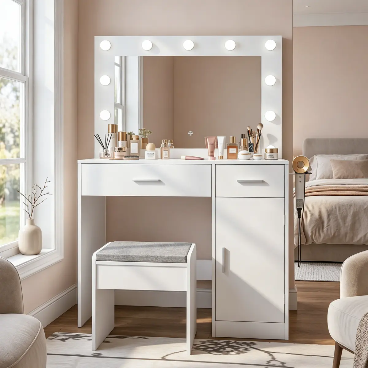 Aobtkel Pink Makeup Vanity Desk with Mirror and Dimmable LED Lights, Hidden Shelves, 4 Compartments, 2 Drawers, Cabinet, Stool, Storage, Convenient Power Hub, Ideal for Bedroom Organization (On-Site), Get Ready With Me, Vanity Organization