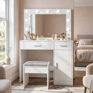 [Bellemave] Vanity Desk with Mirror, Large Drawer and Power Socket with 11 Light Bulbs and 3 Adjustable Lighting Modes, Vanity Table Ideal for Bedroom