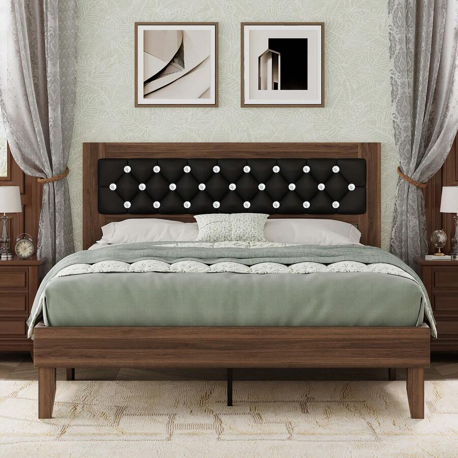 Upholstered Bed Frame with Diamond Tufted Headboard, Vintage & Modern Style, Strong Wooden Slat Support, No Box Spring Needed, Noise-Free Easy Assembly Upholstered Bed Frame with Diamond Tufted Headboard, Vintage & Modern Style, Strong Wooden Slat Support, No Box Spring Needed, Noise-Free Easy Assembly