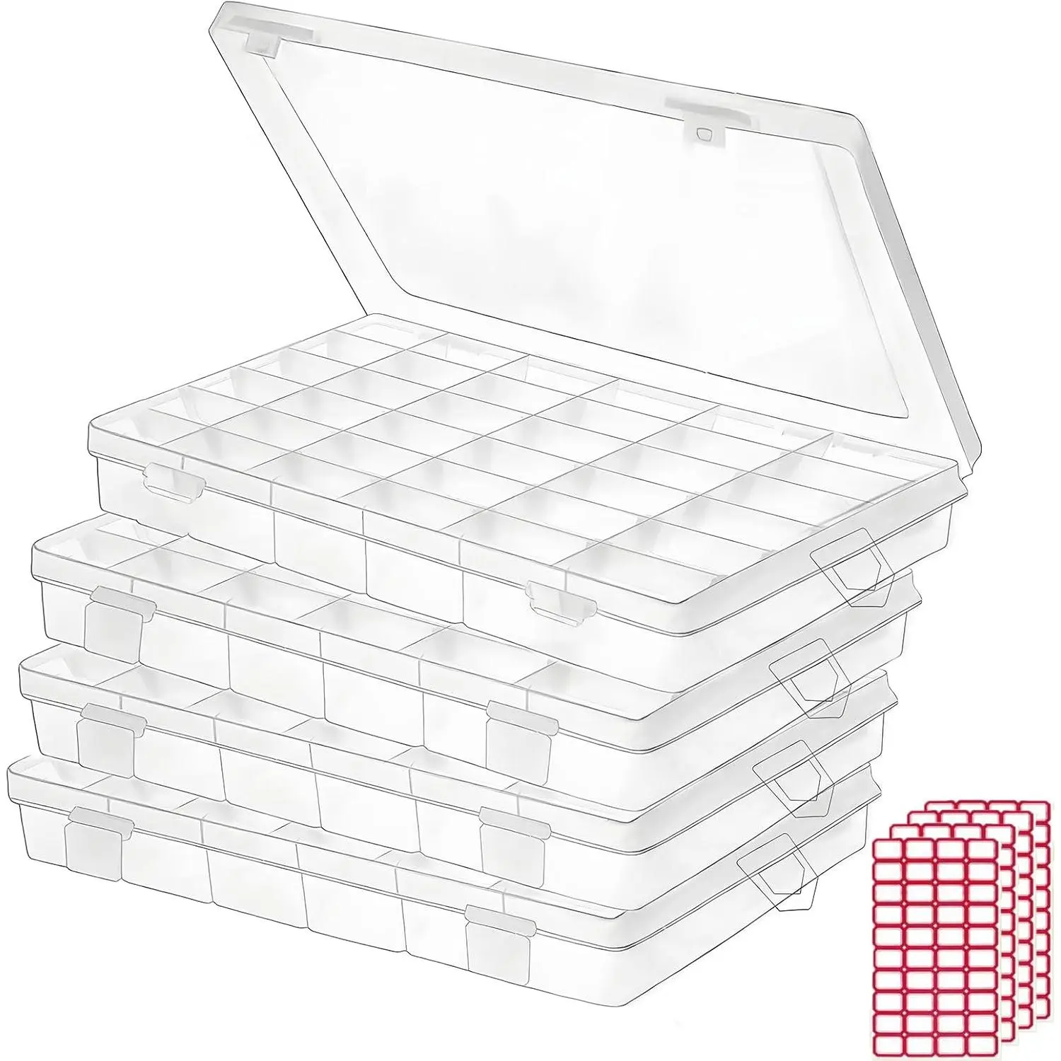 Budreu 4pack 36 Grids Plastic Clear Organizer Box Bead Storage Containers with Adjustable Dividers for Craft Jewelry Fishing Tackles Parts Storage with 4 Sheets Label Stickers