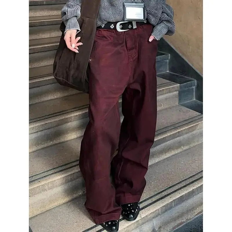 2025 Vintage Women Burgundy Jeans High Waist Y2K Designed American Style Streetwear Denim Pants Casual Female 90S Trousers Can be used with raincoat