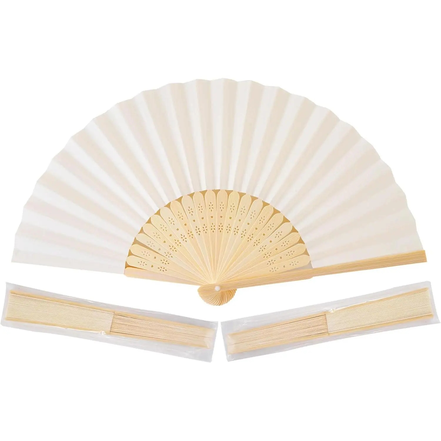 BoDoux 50pcs Cream-Coloured Paper Hand Fan Bamboo Folding, Handheld Paper Fan for Wedding Party and Home Decoration