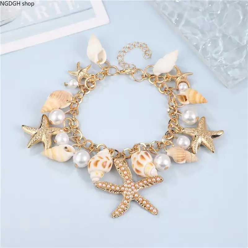 Women's Soft Gold Seashell Starfish Bracelet with Pearl Accents & Charm, Summer Daily Sports & Outdoor Accessories, Starfish Shells, Casual Daily