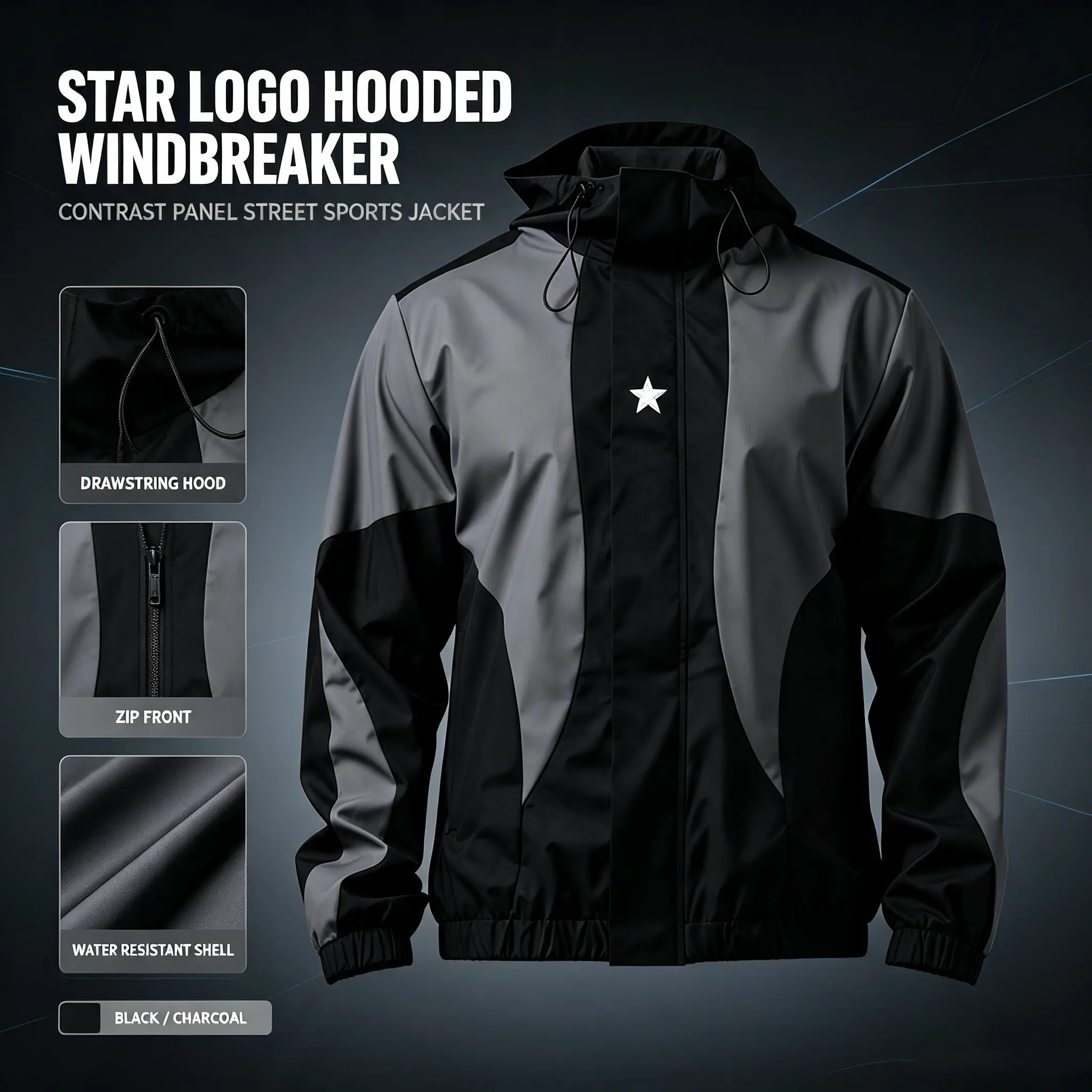 Men Color Block Hooded Windbreaker White Star Logo Zip Up Loose Street Sports Jacket
